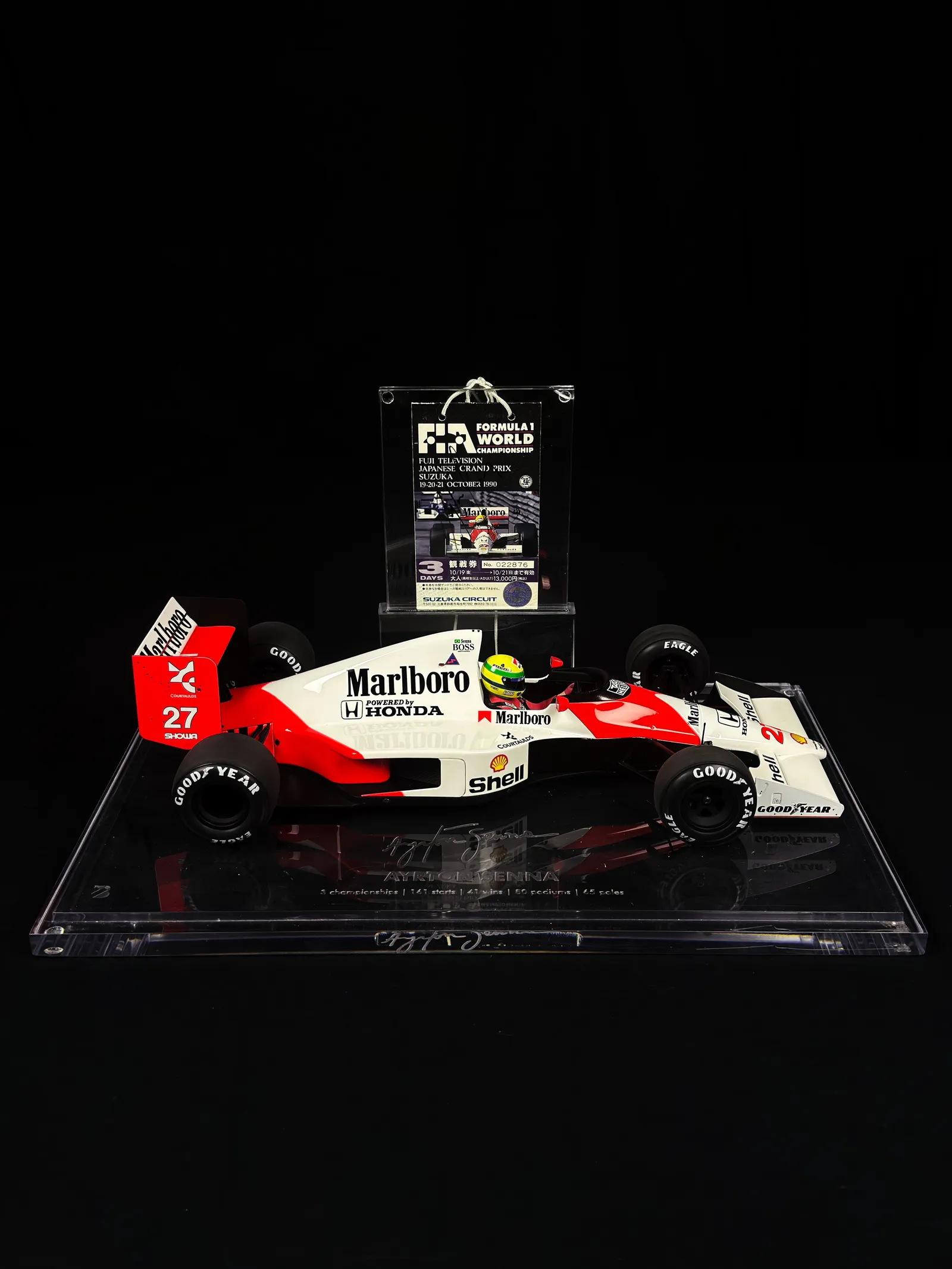 Ayrton Senna autógrafo – ingresso GP Suzuka 1990 + miniatura McLaren, Ayrton Senna