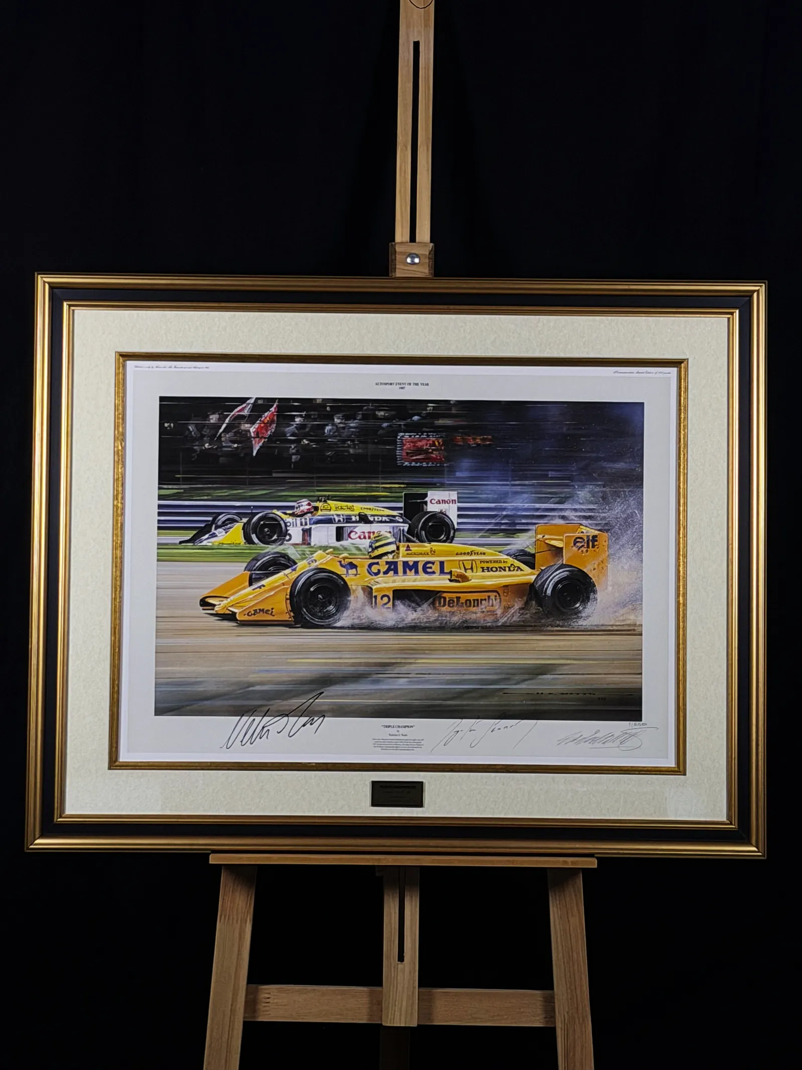 Ayrton Senna, Nelson Piquet e Nigel Mansell autógrafos – quadro Triple Champions, Ayrton Senna, Nelson Piquet e Nigel Mansell