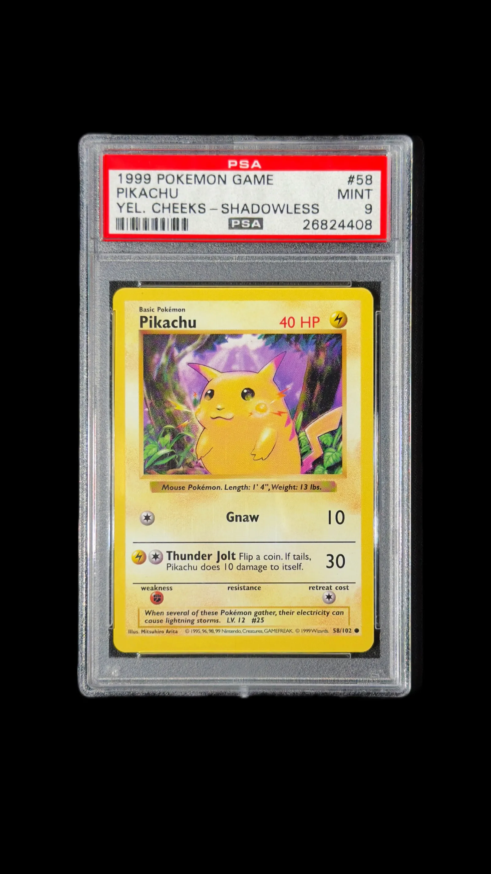 Pikachu Yellow Cheeks Shadowless PSA 9 – Base Set 1999, Pikachu