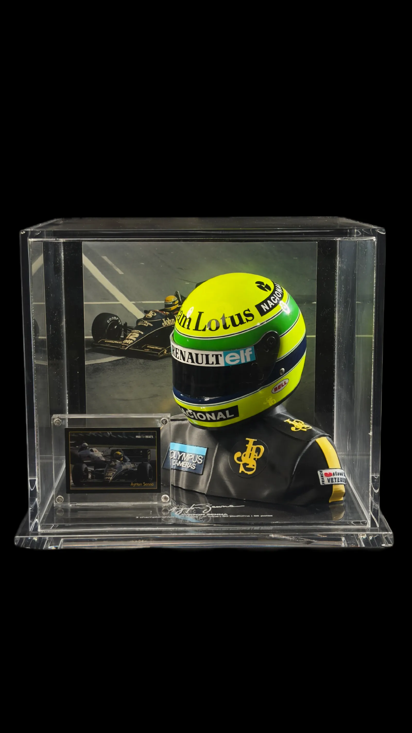 Ayrton Senna autógrafo – Card autografado com Busto Lotus com capacete, Ayrton Senna