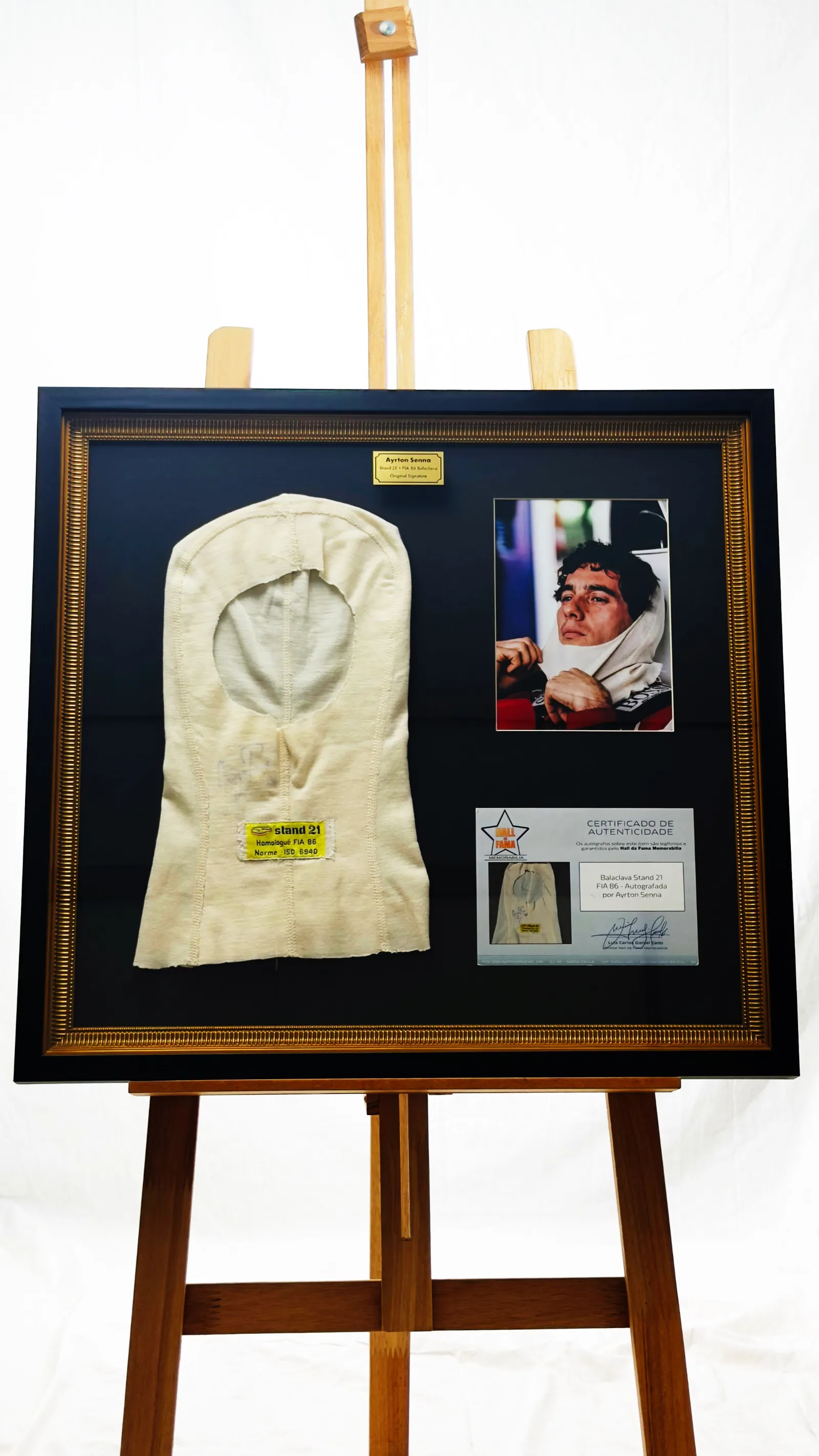 Ayrton Senna autógrafo – Balaclava Stand 21 FIA 86 emoldurada, Ayrton Senna