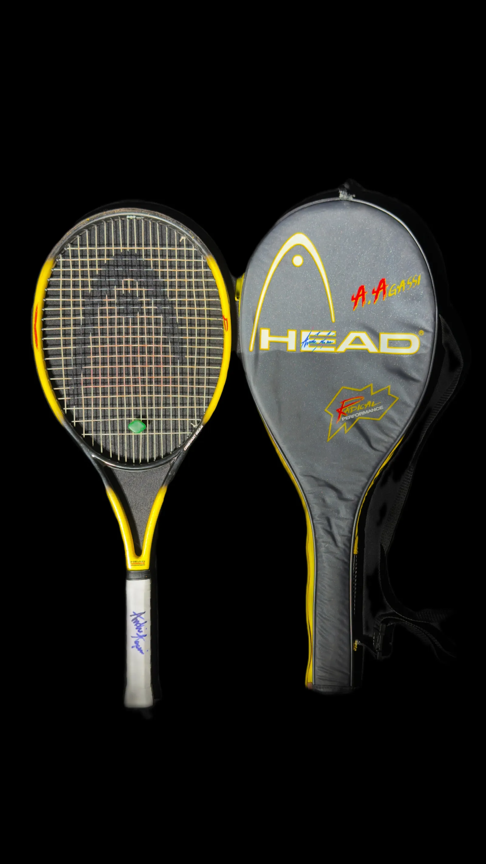 Andre Agassi autógrafo – raquete Head e capa de raquete, Andre Agassi