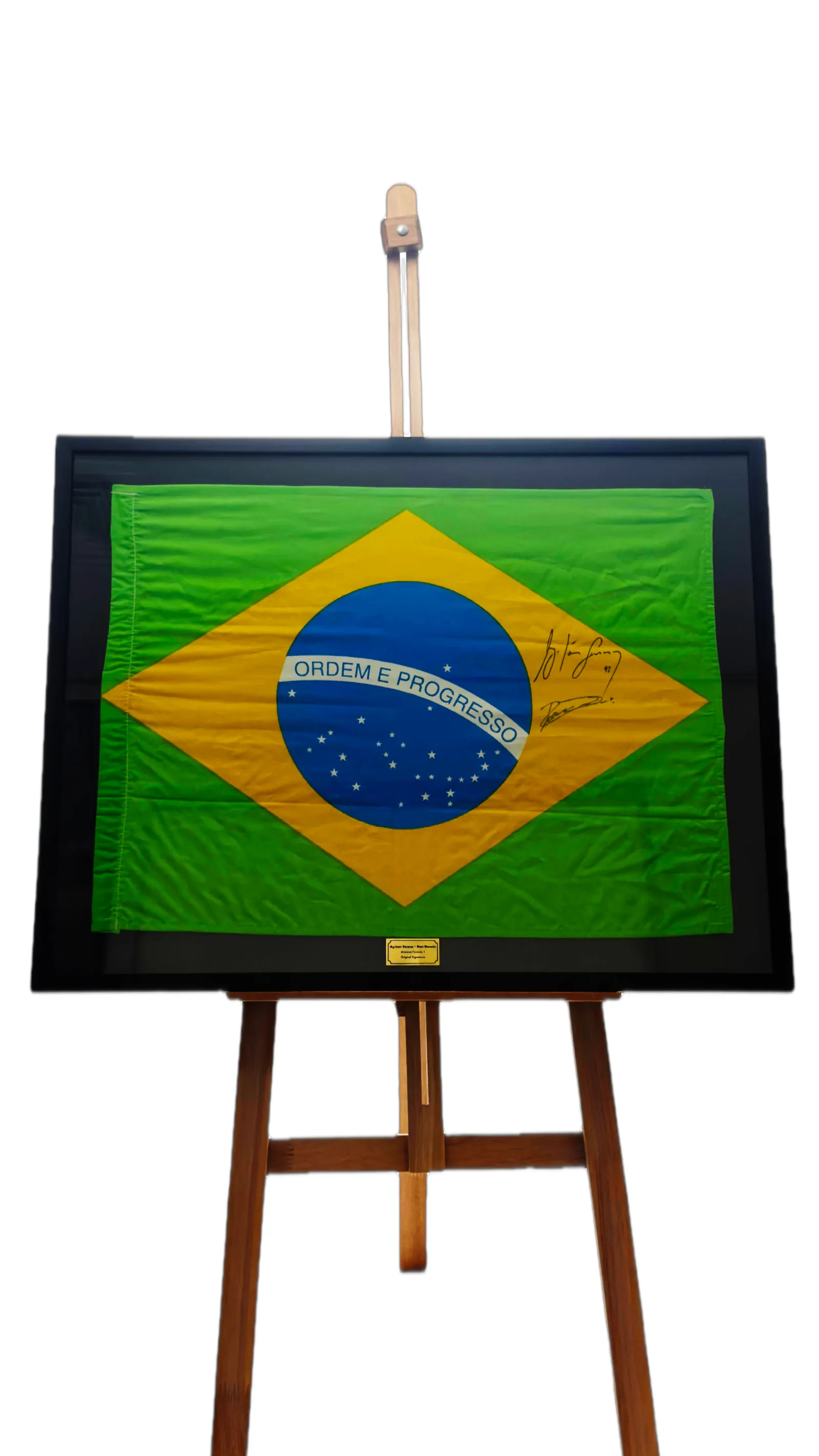 Ayrton Senna e Ron Dennis autógrafos – bandeira do Brasil, Ayrton Senna e Ron Dennis